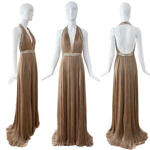 ROBERTO CAVALLI 2000's Vintage Taupe Plissé Grecian Embellished Evening Gown